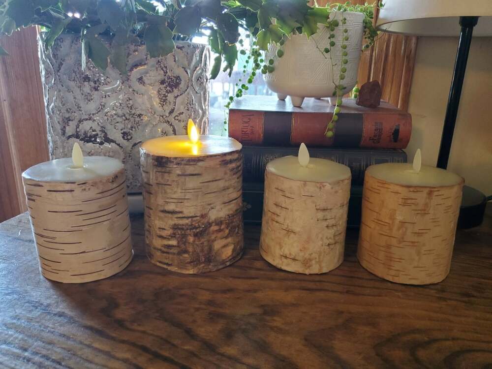 Set of 4 Pottery Barn Luminara Sugared Birch Tree Flameless Pillar Candles